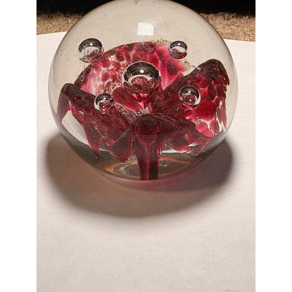 Vintage Cranberry Red Art Glass Paperweight Controlled Bubble Murano Style Orb - Picture 5 of 6